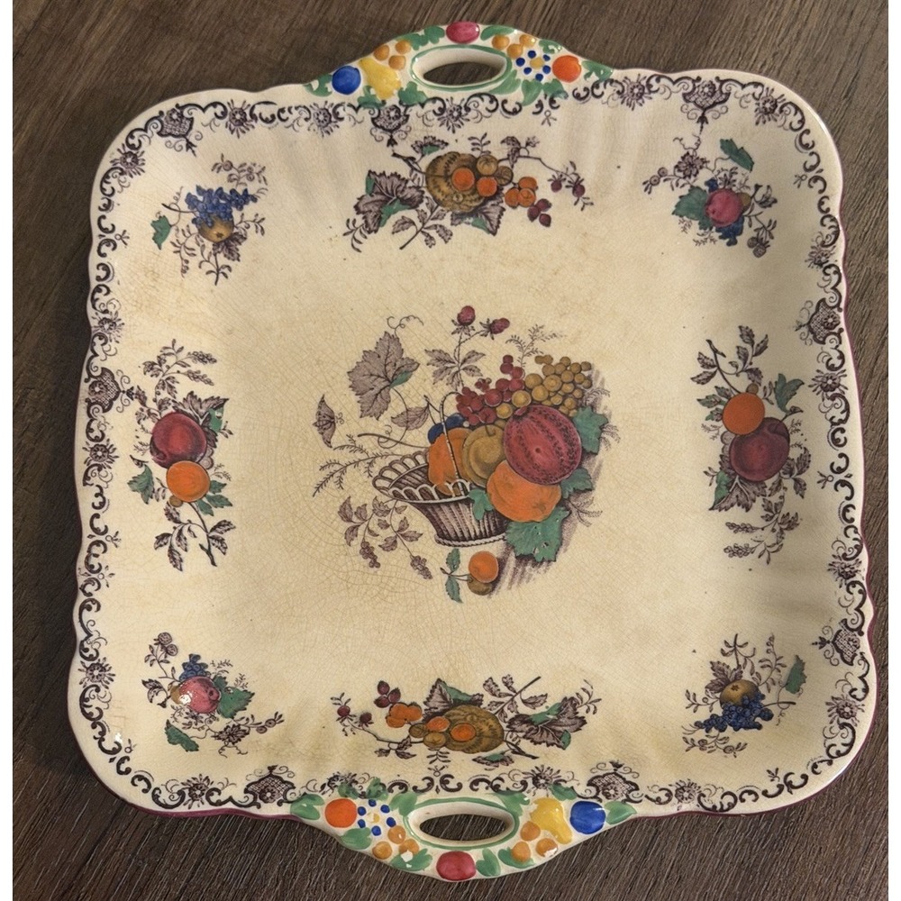 Vintage 1940s Mason's Fruit Basket Handled Cake Platter 9.25" C2841